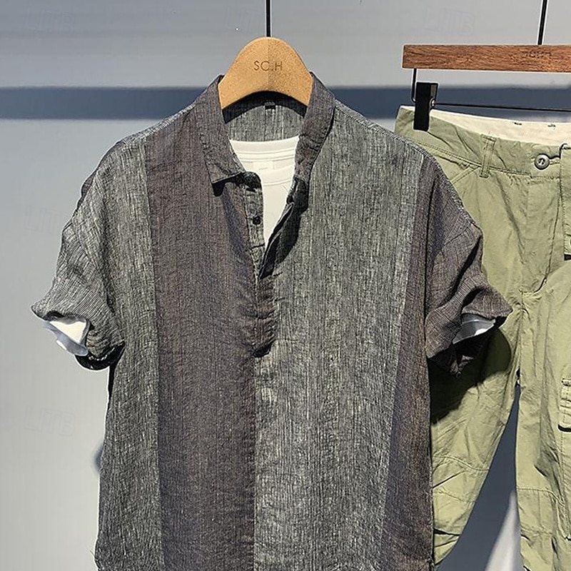 Herren Hemd Leinenhemd Popover-Hemd Freizeithemd Baumwollhemd Farbblock Urlaub Straße Aprikose Grau Kurzarm Umlegekragen Sommer Bekleidung Patchwork 2025 - $37.99 –P5