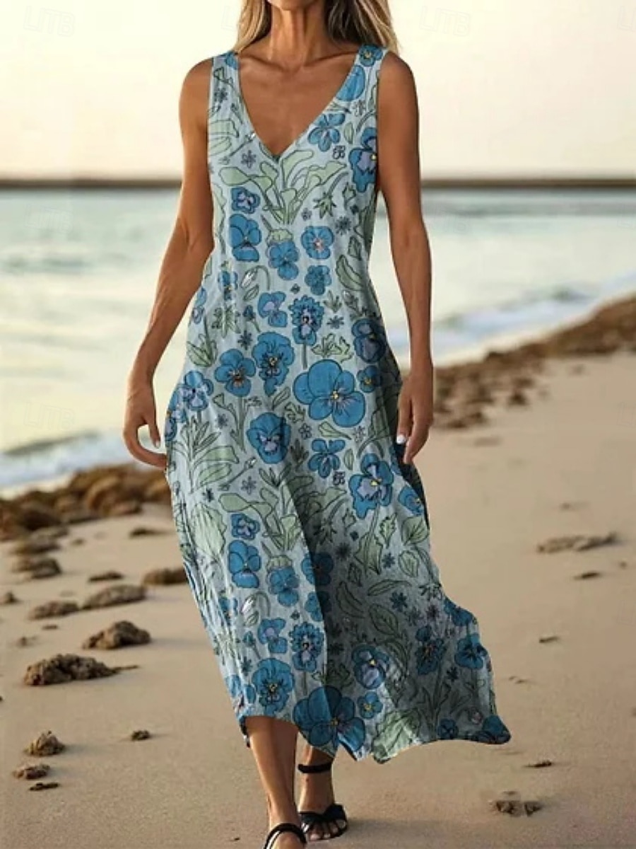 Femmes Robe Longue Maxi Robe Robe Décontractée Robe débardeur Robe d'été africain Quotidien Fête Plage Coupe régulière Fleuri Sans manches Col en V Jaune Bleu Vert foncé Vert Été de 2025 ? $20.99 –P1
