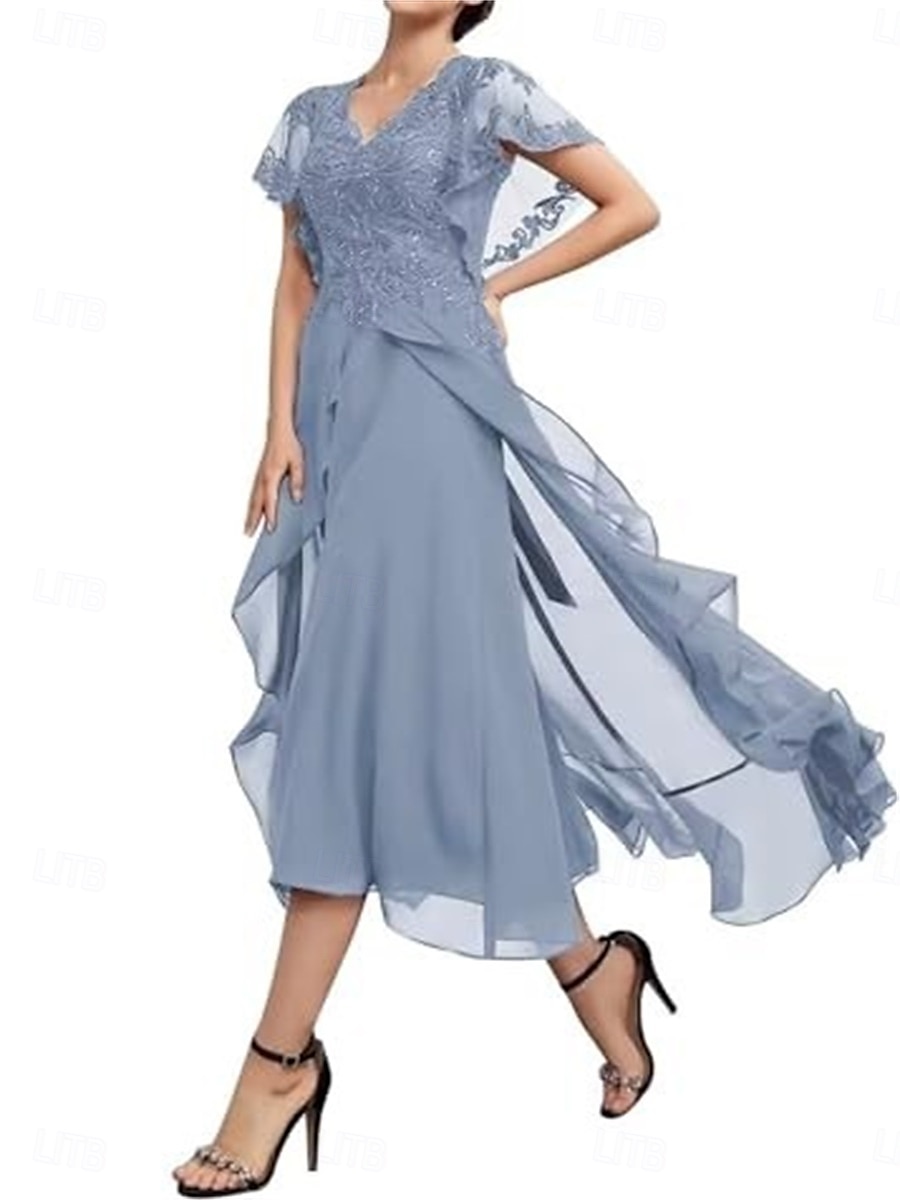 Abito A-Line per Madre della Sposa Elegante V Collo in Lungo Chiffon Maniche Corte con Colore Solido del 2025 a $179.99 –P4