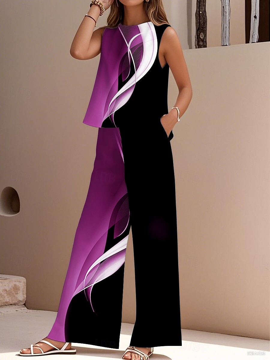 damskie eleganckie modne streetwear dwuczęściowe zestawy bluzka kamizelka spodnie bez rękawów okrągły dekolt outdoor praca swobodny geometryczny gradient nadruk wakacje codzienne wakacje biały niebieski fioletowy lato regularny krój 2025 - $36.99 –P2