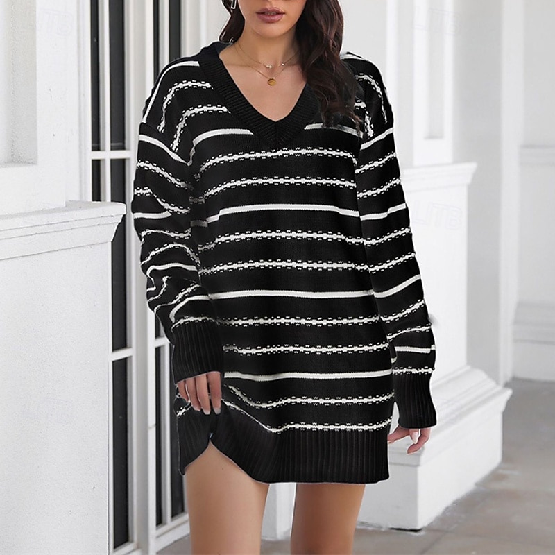 Femmes Mini Robe Robe Pull Robe occidentale Mode Extérieur Soirée Fête Coupe régulière Rayé manche longue Col en V Noir Automne de 2025 ? $25.99 –P3