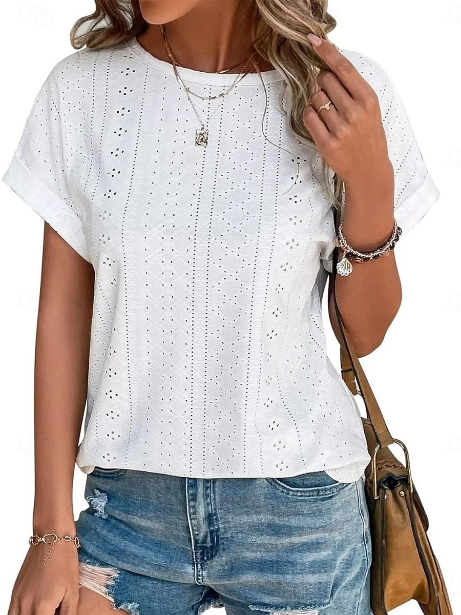Femmes T-shirt Uni Mode Élégant Classique Manche Courte Col ras du cou Hauts Réguliers Quotidien Week-end Œillet Noir Blanche Rose Claire Bleu Été de 2025 ? $14.99 –P1