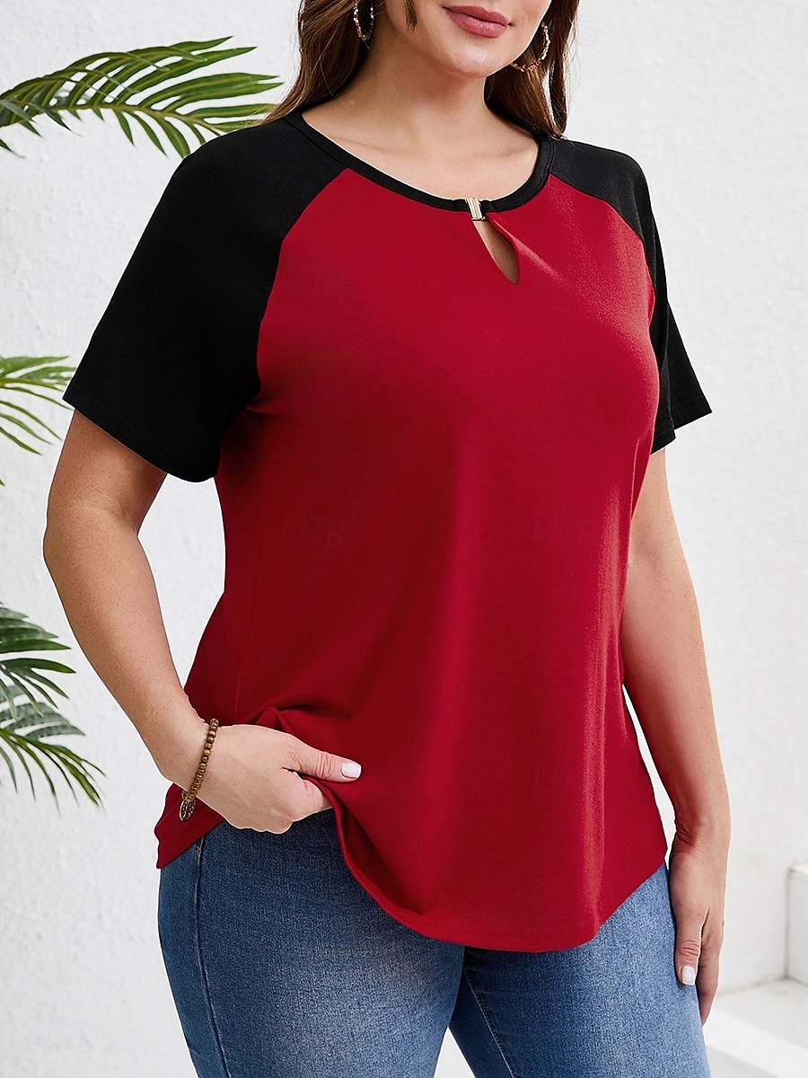 Women's Plus Size Tops T Shirt Solid Color Patchwork Short Sleeve V Neck Casual Daily Polyester Summer Spring Red Blue 2025 - $18.99 –P4