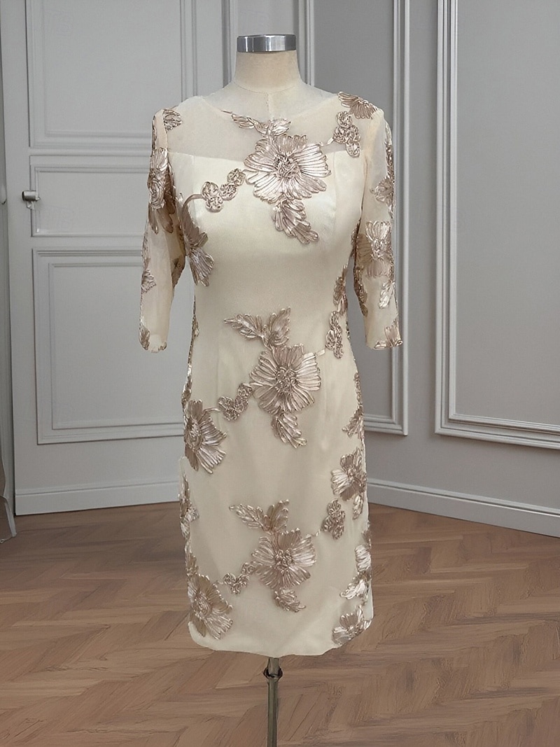 Vestido de mãe da noiva de duas peças, elegante, simples, luxuoso, com decote redondo, comprimento chá, cetim, manga curta, com jaqueta de chiffon 2025 de 2025 por $149.99 –P9