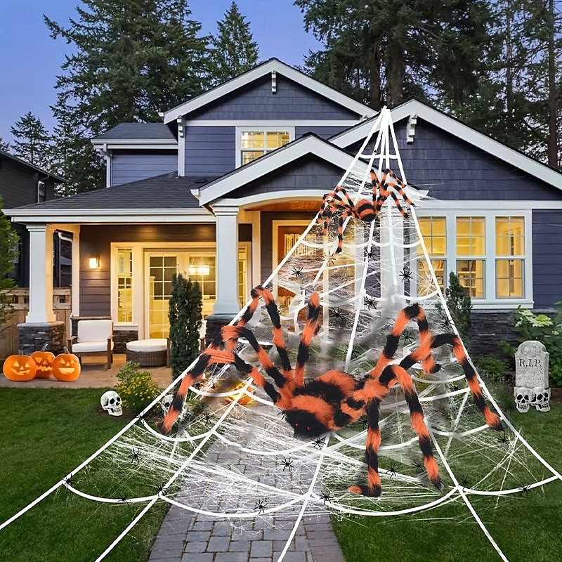 Halloweenská dekorace pavouk, venkovní halloweenská pavoučí oranžovo-černé pruhované dekorace, měkký chlupatý strašidelný pavouk realistický velký pavoučí rekvizity pro domov, zahradu, párty, 2025 - $7.99 –P1
