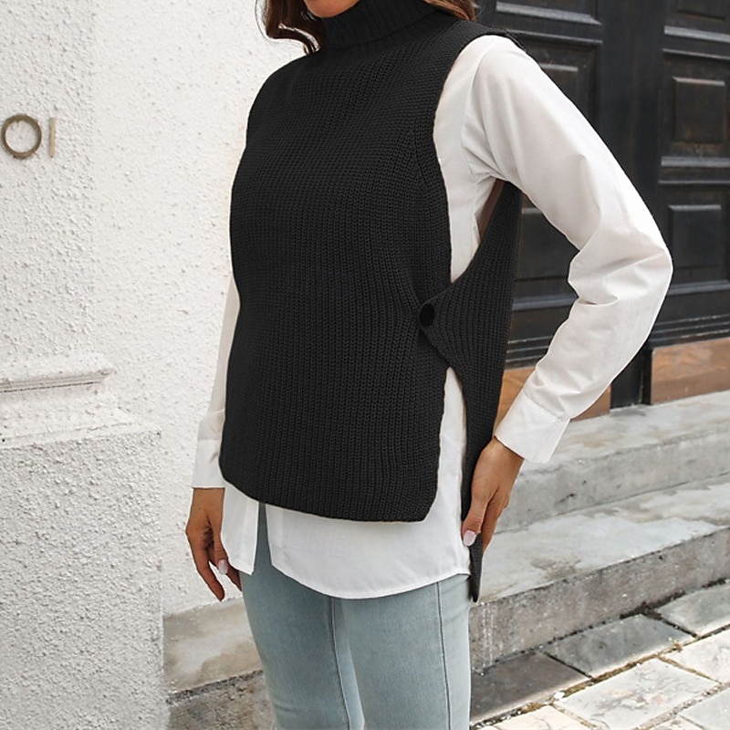 Femmes Pull Gilet Pull Occasionnel Couleur Unie Épais Col roulé Tricoté Sans manches Hauts Réguliers Tricoter Quotidien Fête Sortir Noir Marron Automne Hiver de 2025 ? $18.99 –P7