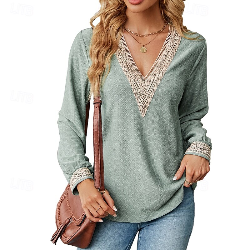 Damen Bluse Farbblock Modern Lässig Langarm V Ausschnitt Normale Oberteile Täglich Ferien Patchwork Gras-Grün Erröten Sie Rosa Schwarz Rosa Wein Sommer 2025 - $21.99 –P11