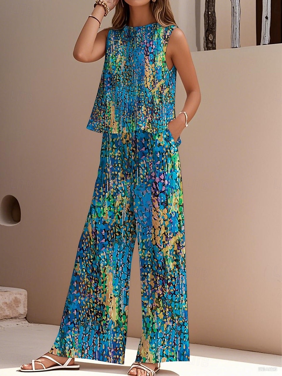Completo due pezzi elegante da donna, stile streetwear, con camicetta, gilet, pantaloni, senza maniche, girocollo, casual, da lavoro, per attività all'aperto, con stampa floreale, per le vacanze, vintage, per tutti i giorni, blu, viola, fucsia, estivo, ve del 2025 a $36.99 –P1