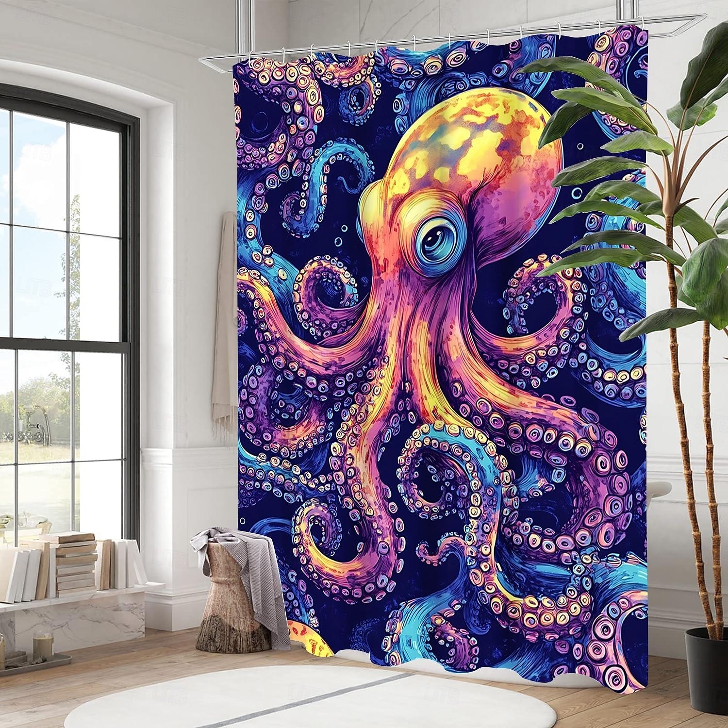 Perdea de duș cu animale oceanice, broaște țestoase, cu cârlige pentru baie, set de decor pentru baie, poliester, impermeabil, pachet de 12 cârlige din plastic 2026 - $22.99 –P2