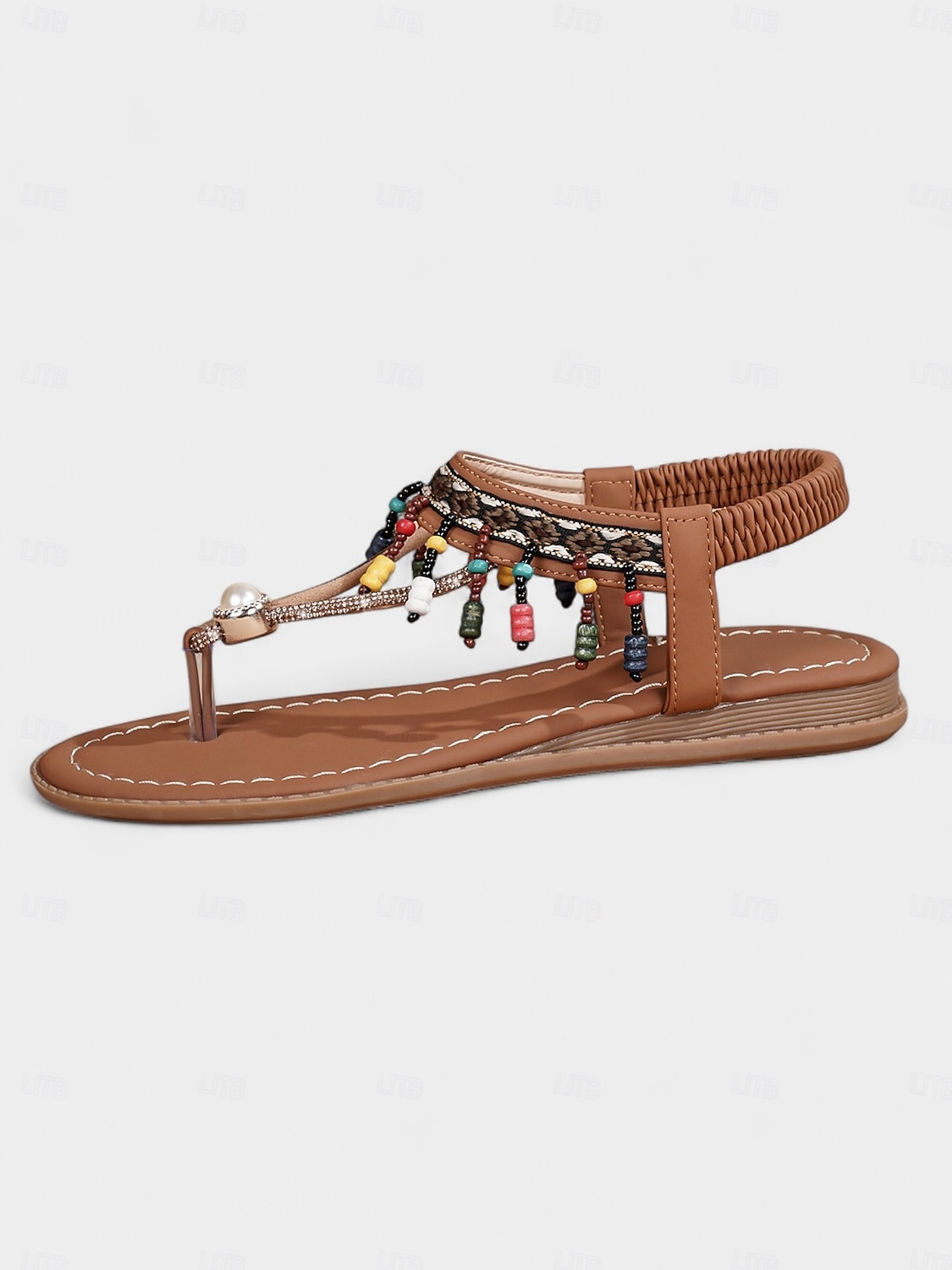 Damesandaler med bohemsk perlemønster og t-stropper i fargerikt materiale, flate sandaler med string for strandferier, sommerfestivaler og uformelle antrekk. 2025 - $26.99 –P5