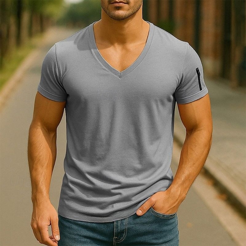 Homme T-shirt Chemise à manches courtes Manche Courte Col en V Été Uni Mode Designer Basique Fermeture éclair Vacances Rue Sortir Noir Blanche Rose Claire T-shirt haut de gamme pour homme de 2025 ? $9.49 –P3