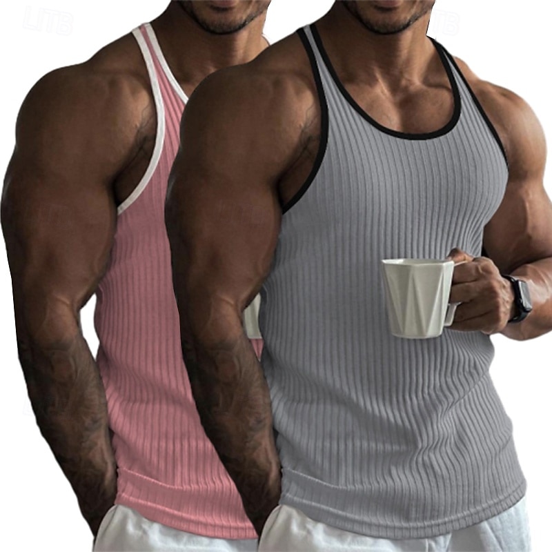 Per uomo Canotta Canottiera Senza Maniche Girocollo Estate Blocco di colori Striscia di Fossa Moda Designer Sportivo 2 Pezzi All'aperto Casuale Uscire Bianco + rosa Rosa / grigio Blu reale + nero del 2025 a $18.99 –P11