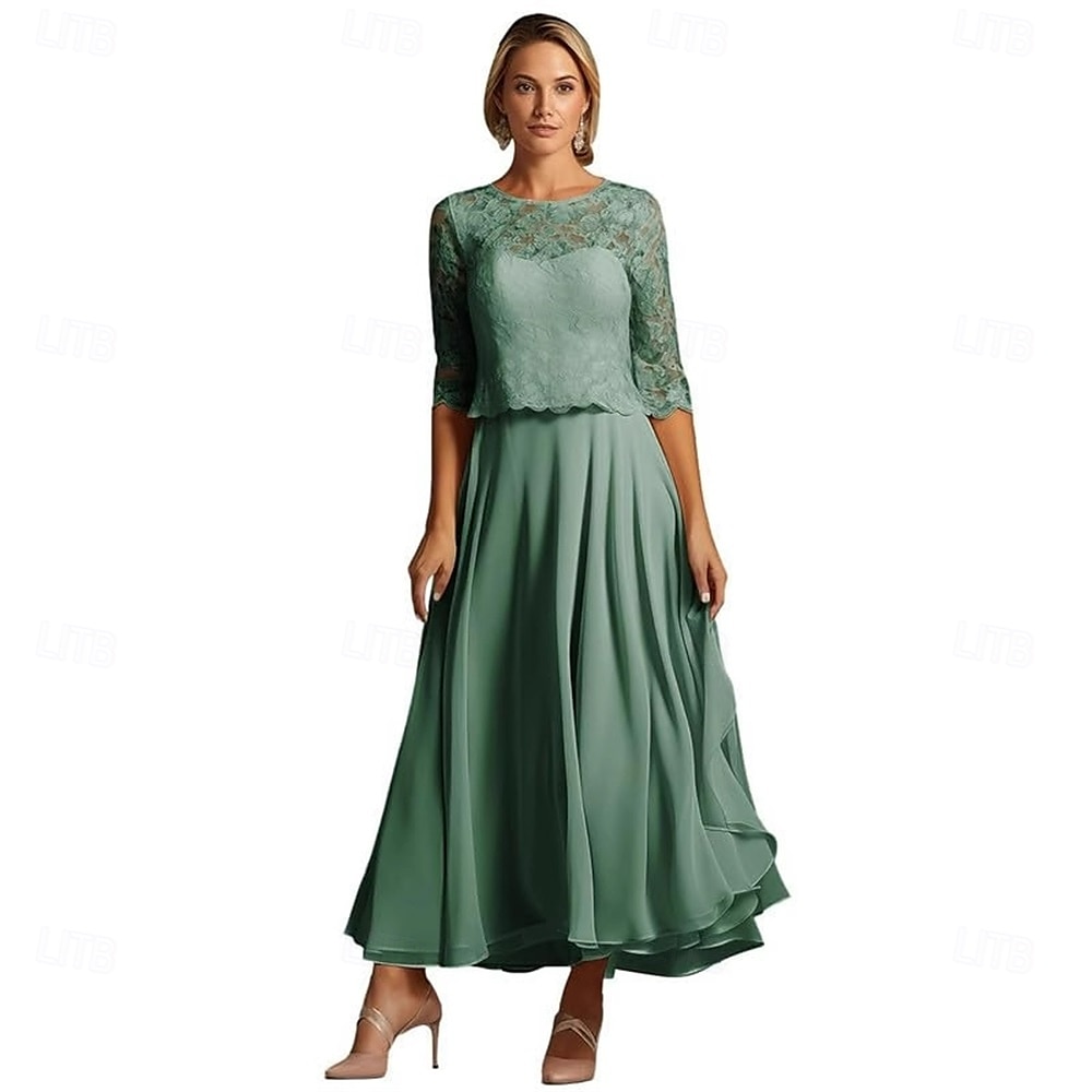 A-Linie Brautmutterkleid Elegant Einfach Rundhalsausschnitt Knöchellänge Polyester Halbarm mit Falten Einfarbig 2025 2025 - $109.99 –P5