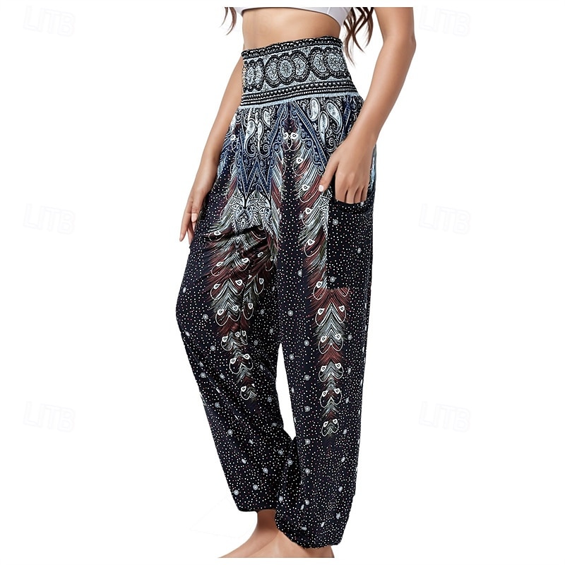 Dam Byxor Rak Mode Boho Fullängd Hög midja Mönster Elastisk midja Andningsfunktion Bekväm Microelastisk Gata Dagliga kläder Utekväll Svart Vit Rubinrött Kungsblå Sommar Normal 2025 - $19.99 –P6