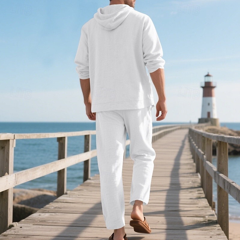 Men's T-shirt Suits Shirt and Pant Sets 2 Pieces Outfits Long Sleeve Hooded Summer Spring Solid Color Fashion Casual Buttons 2 Piece Vacation Daily Wear Going out Black White Yellow Top Tee for Men 2025 - $45.99 –P19