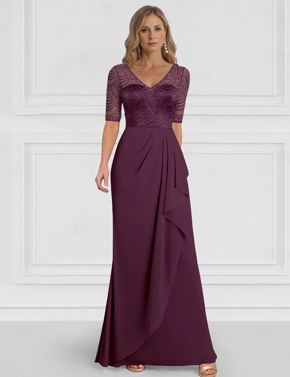 A-Linie Brautmutterkleid Hochzeitsgast Elegant V Ausschnitt Bodenlang Chiffon Halbarm mit Rüschen Einfarbig 2025 2025 - $129.99 –P1