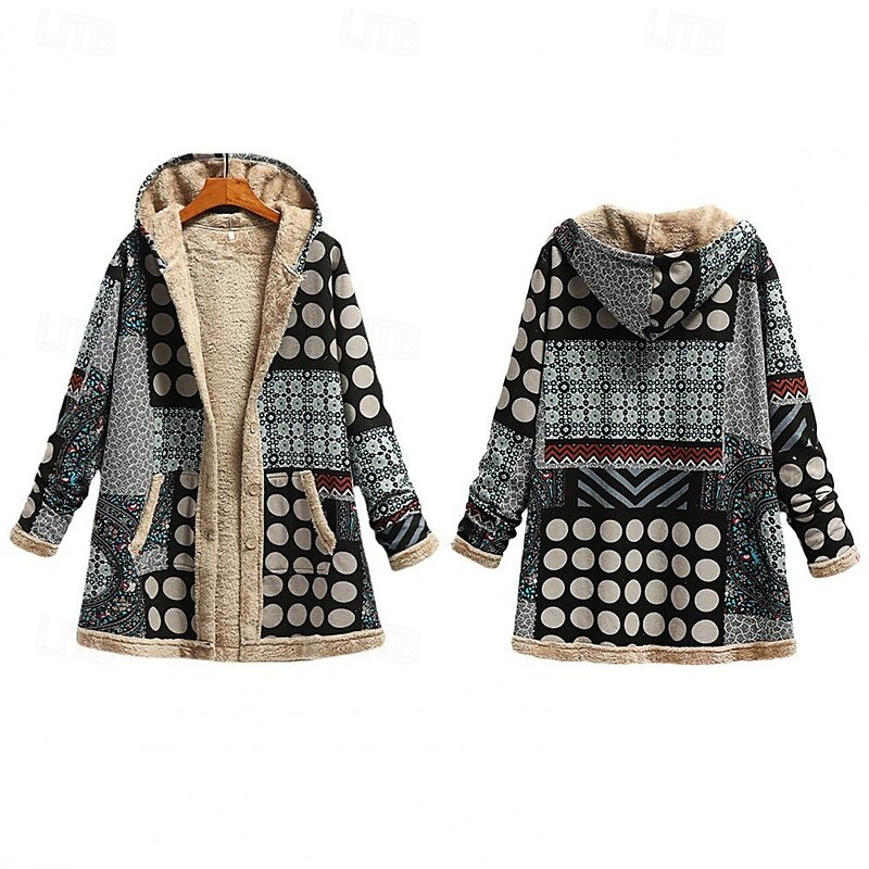 Women's Fleece Jacket Coat Hoodie Jacket Warm Comfortable Zipper Pocket Fashion Modern Casual Geometric Going out Weekend Zipper Regular Hooded Regular Fit Long Sleeve Outerwear Black Red Winter 2025 - $32.99 –P1