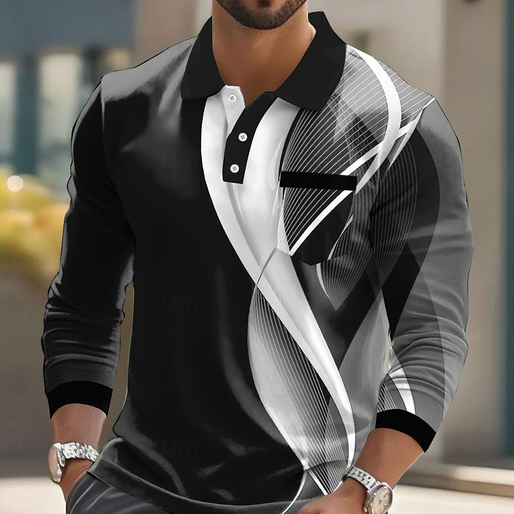 Men's Geometric Line Polo Long Sleeve Polo Shirts Collared Shirts Business Casual Business Athleisure Daily Wear Buttons Pocket 3D Print Spring Fall Winter Black Blue Sky Blue 2025 - $21.99 –P1
