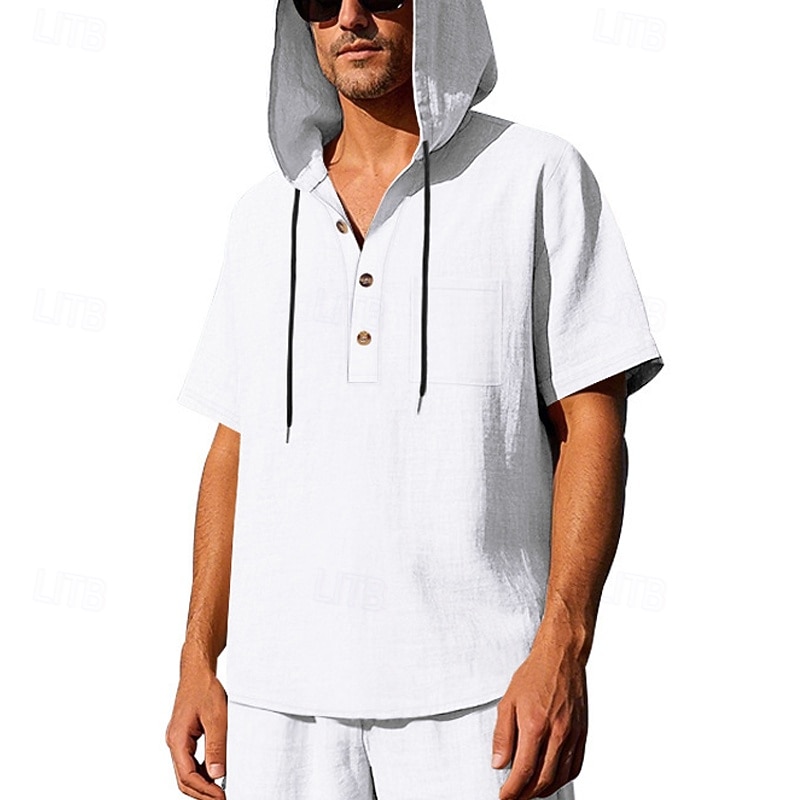 Voor heren T-shirt Henley-shirt T-shirts Shirt met korte mouwen Korte mouw Capuchon Zomer Lente Effen Modieus Ontwerper Basic Knop Vakantie Straat Uitgaan Zwart Wit Geel Top T-shirt voor mannen 2025 - $25.99 –P11