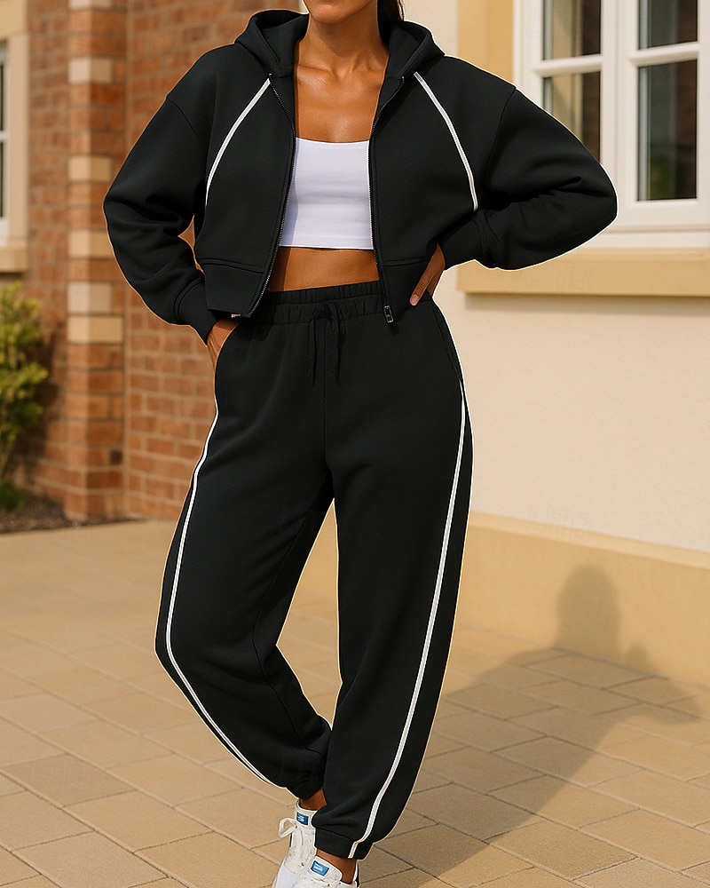 Women's Tracksuit Sweatpants Pullover Sweatshirt Zipper Pocket Solid Colored Clothing Suit Spring Fall Black Pink Gym Training Running Windproof Long Sleeve Sport Activewear Micro-elastic Regular Fit 2026 - $44.99 –P4