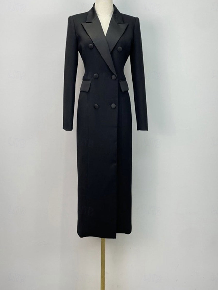 Smokingkleid Mantel Formell Hochzeitsgast Formeller Abend Satin Elegant Langarm Knöchellänge Hemdkragen Doppelreihig 2025 - $149.99 –P1