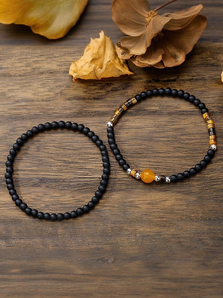 Men’s Natural Stone Beaded Bracelet Set, Matte Black and Tiger Eye Beads with Yellow Accent, Minimalist Style for Business, Casual and Gift Occasions 2025 - $9.99 –P4