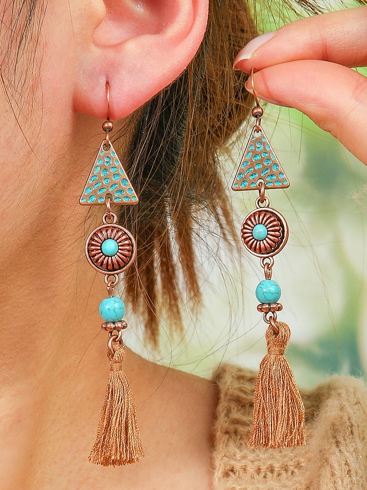 Dámské visací náušnice v boho stylu s tyrkysovou povrchovou úpravou - lehké visací náušnice ve vintage kmenovém stylu s povrchovou úpravou v antickém bronzu pro neformální vánoční výpravy a dárky 2025 - $11.99 –P5