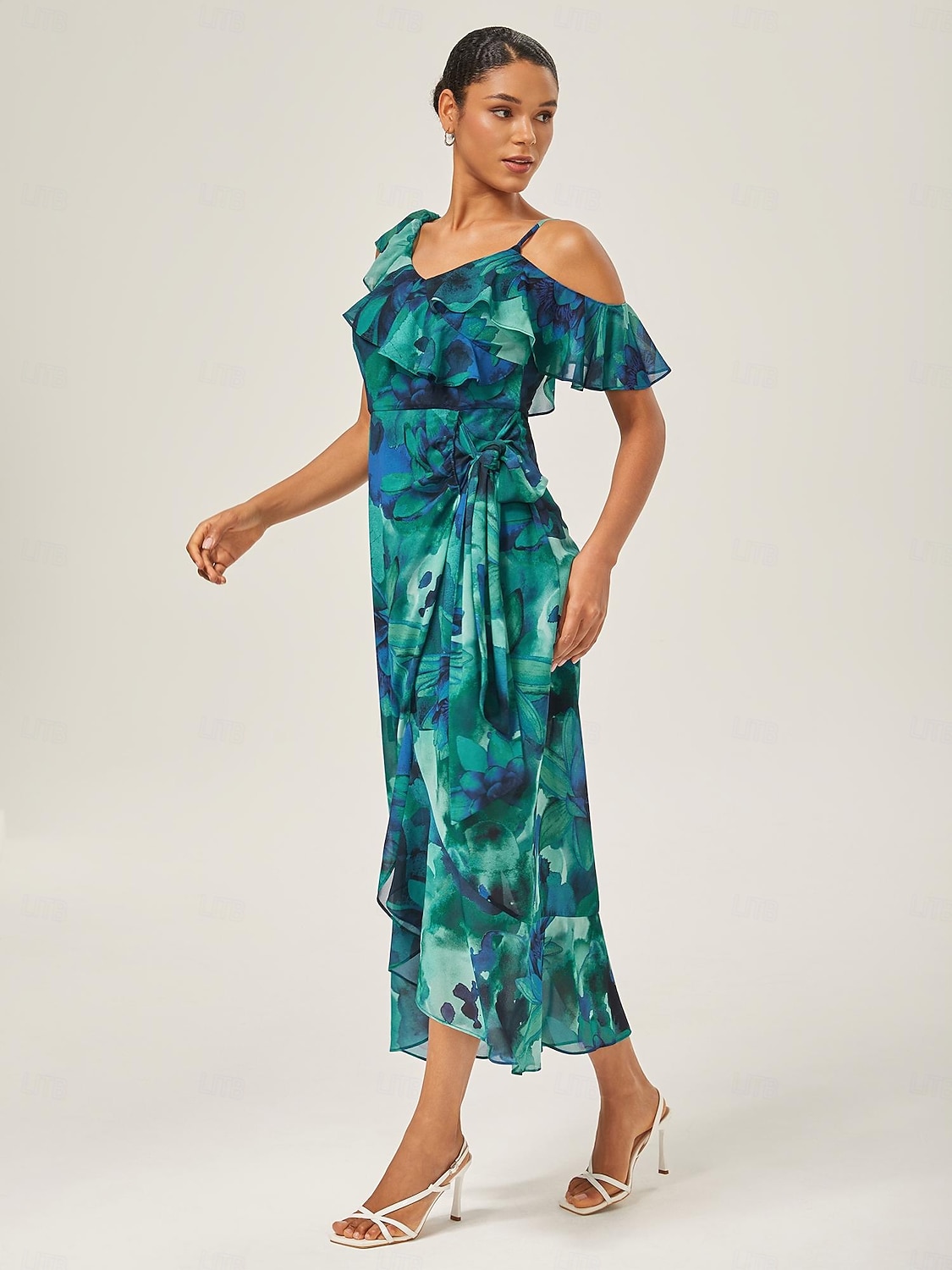 robe midi nouée sur le devant à volants en mousseline de 2025 ? $82.99 –P5