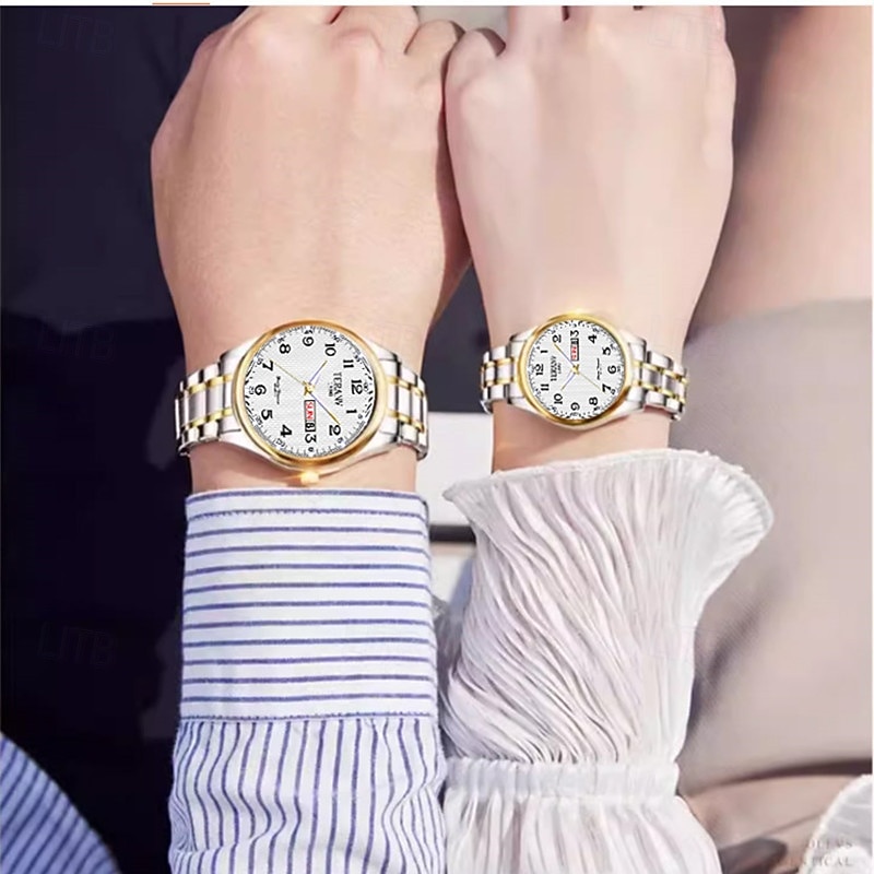 il s'agit d'une montre de couple élégante avec deux cadrans numériques ronds et des bracelets en acier inoxydable dotés d'un affichage de date lumineux étanche IPX7 du lundi au dimanche. c'est un de 2025 ? $28.99 –P8
