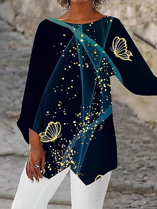Damen Bluse Schmetterling Täglich Stilvoll Langarm Rundhalsausschnitt Normale Oberteile Täglich Ferien Druck Asymmetrischer Saum Marineblau Sommer Frühling 2025 - $22.99 –P1