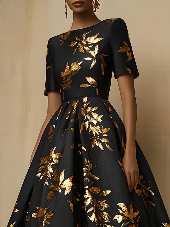 Abiti da cocktail A-line bianchi e in oro abito elegante formale per matrimoni lunghezza tè maniche corte scollo barca satin con stampa del 2025 a $158.99 –P2