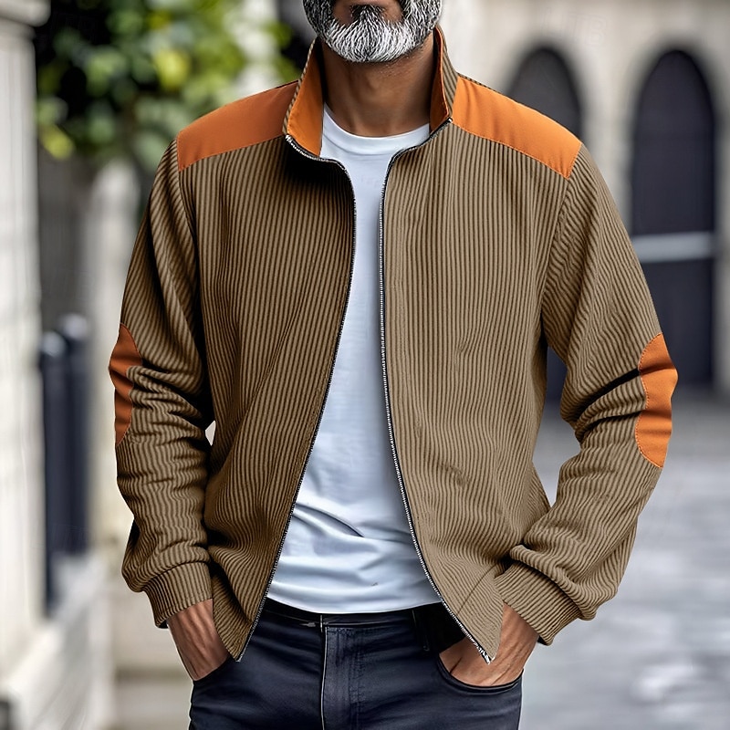 Men's Lightweight Jacket Corduroy Jacket Casual Jacket Vacation Daily Pocket Spring Fall Color Block Fashion Classic Stand Collar Regular Apricot Black White Yellow Wine Jacket 2025 - $29.99 –P5