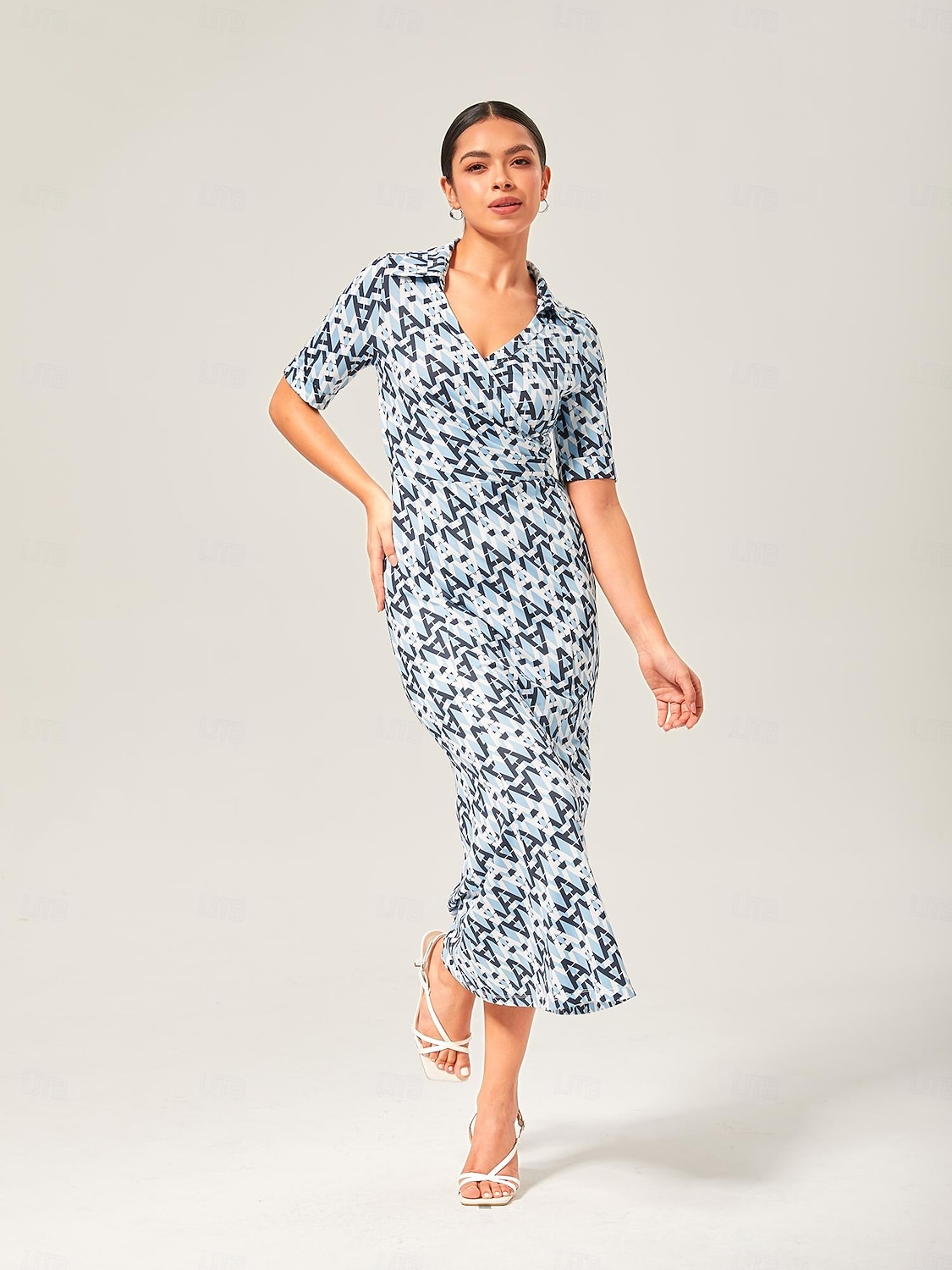 Per donna Femminile Vestito Casual Abito Midi Eco Green sabbia calda Blu Manica Corta Geometrico Estate Scollo a V Stampa XS S M del 2025 a $64.99 –P8