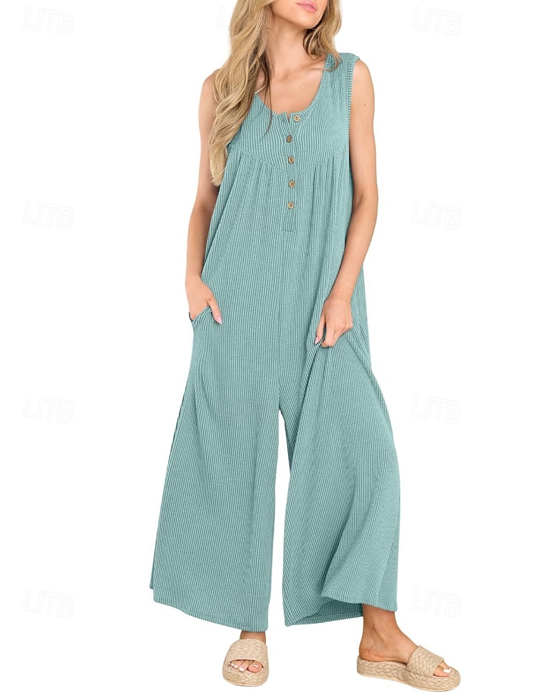 Női Szabályos Jumpsuitek Utcai sikk Tömör szín Ujjatlan U-alakú Gombok Zseb Utca Napi Normál Fekete Sötétkék Medence Nyár 2025 - zł111.96 –P10
