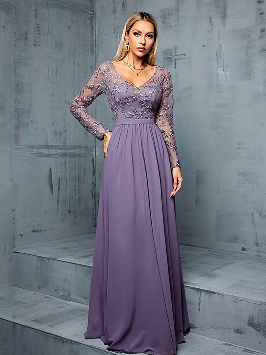 A-Lijn Quinceanera Jurken Elegante Jurk Formele Bruiloft Vloerlengte Lange Mouw V-Hals Chiffon met Plooien 2025 - $109.99 –P9