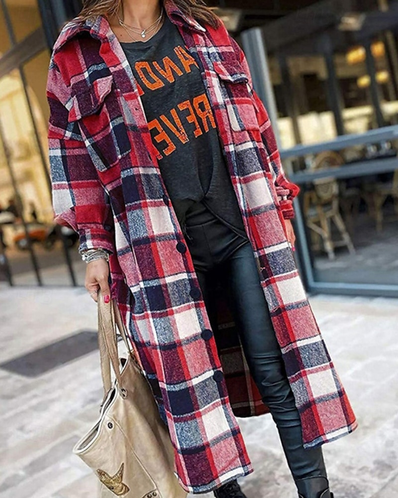 Damen Trenchcoat Bequem Knöpfe Tasche Modern Streetstyle Karomuster Ausgehen Alltagstauglich Einreihig Lang Umlegekragen Normale Passform Langarm Oberbekleidung Rote Rosenrot Grau Herbst Winter 2025 - $27.99 –P2