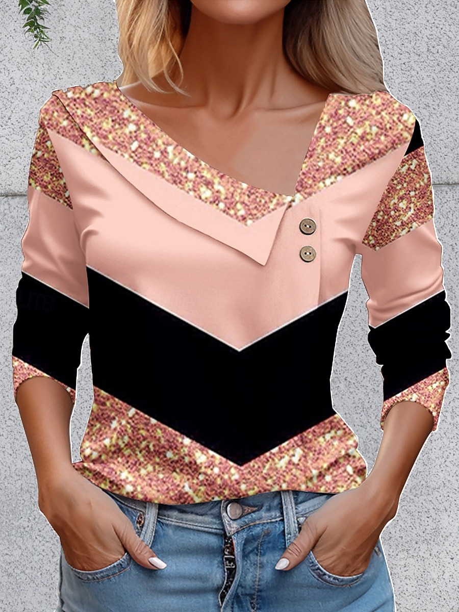 Dame T skjorte Grafisk Geometrisk Årgang Stilfull Grunnleggende Langermet Asymmetrisk hals Vanlige topper Daglig Ut på byen Helg Knapper Rosa Blå Lilla Grønn Sommer Vår 2025 - $22.99 –P1