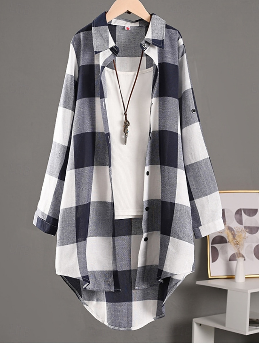 Damskie Szałat Wygodny Oddychający Guziki Nadruk Codzienny Kratka Urlop Ulica Codzienny Dzienne zużycie Guziki jednorzędowe Długie Wieczorne Regularny Długi rękaw Odzież wierzchnia Czarny i biały 2025 - $22.99 –P10