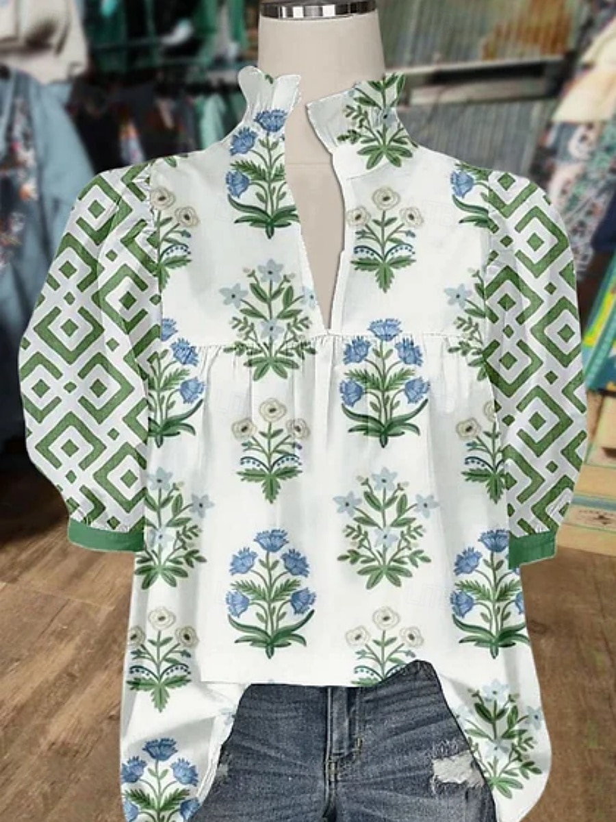 Women's Shirt Floral Stylish Modern Half Sleeve V Neck Regular Tops Daily Holiday Print White Blue Green Khaki Summer 2025 - $26.99 –P2