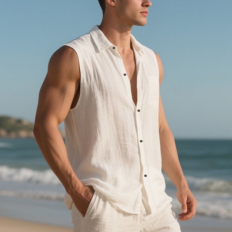 Men's Shirt Linen Shirt Casual Shirt Button Up Shirt Cotton Shirt Plain Vacation Street Black White Yellow Navy Blue Sleeveless Turndown Summer Clothing Apparel Buttons 2025 - $17.99 –P13