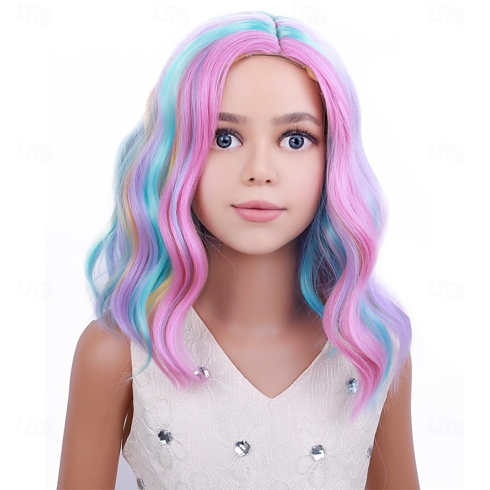 Dětská duhová paruka krátká vlnitá barevná paruka vícebarevná paruky dívčí syntetické cosplay halloweenské kostýmní paruky 2025 - $24.99 –P2