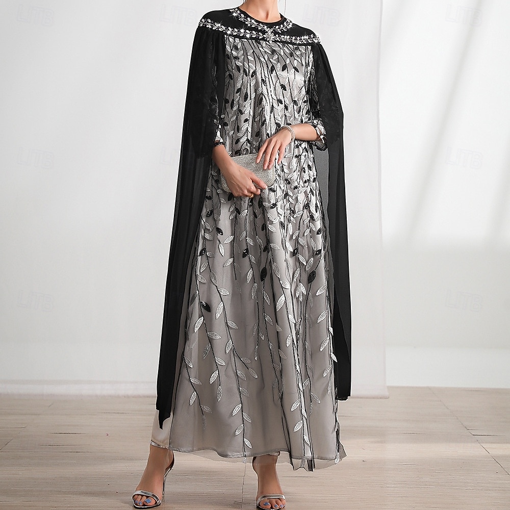Abito con mantello A-Line madre della sposa elegante scollo rotondo cristalli lunghezza sul pavimento maniche lunghe con ricami in pizzo del 2025 a $109.99 –P7