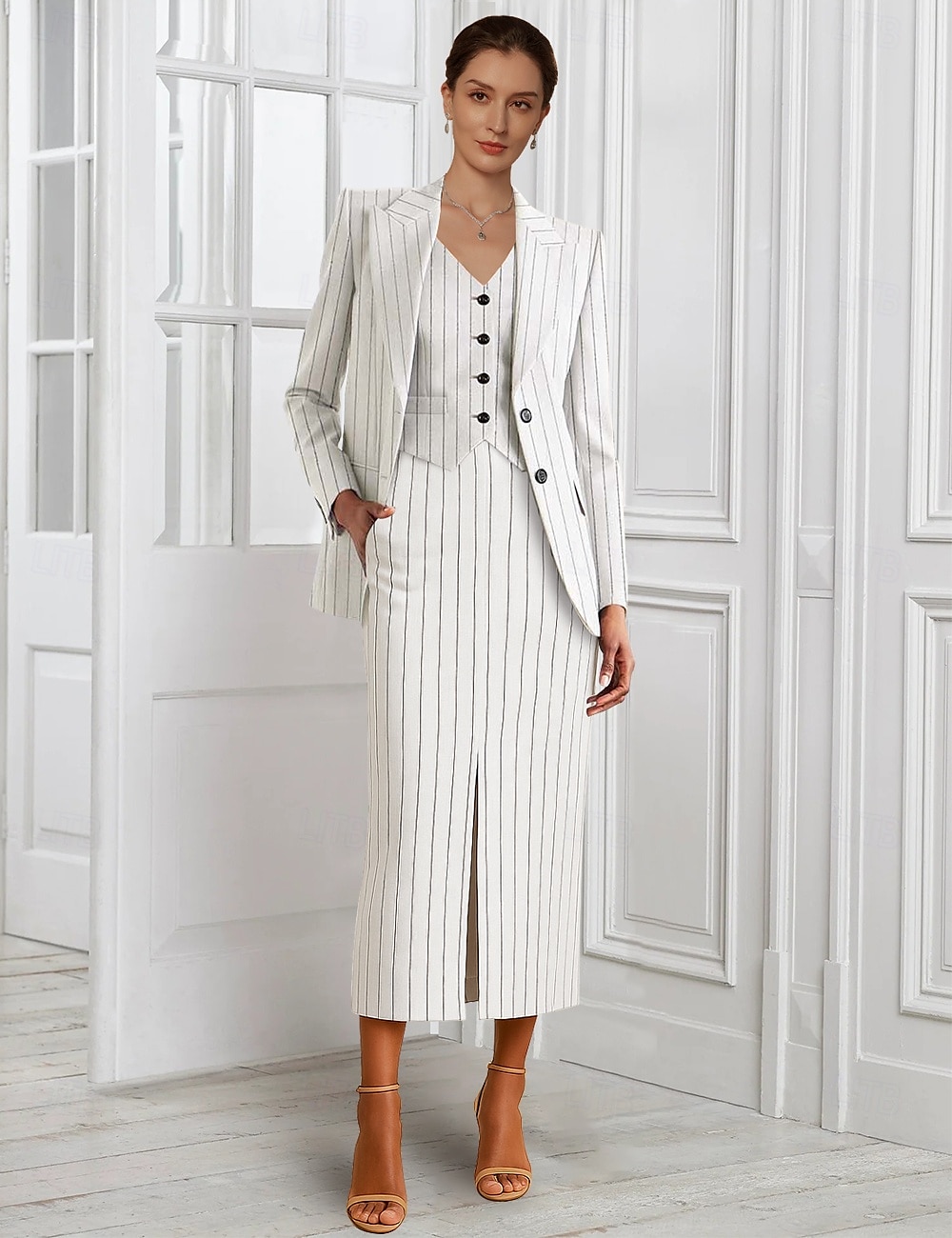 Set rochie cu sacou 3 piese A-line pentru mama miresei business casual clasic cu rever ascuțit lungime de podea țesătură elastică mânecă lungă cu buzunare și slit 2025 - $175.99 –P5