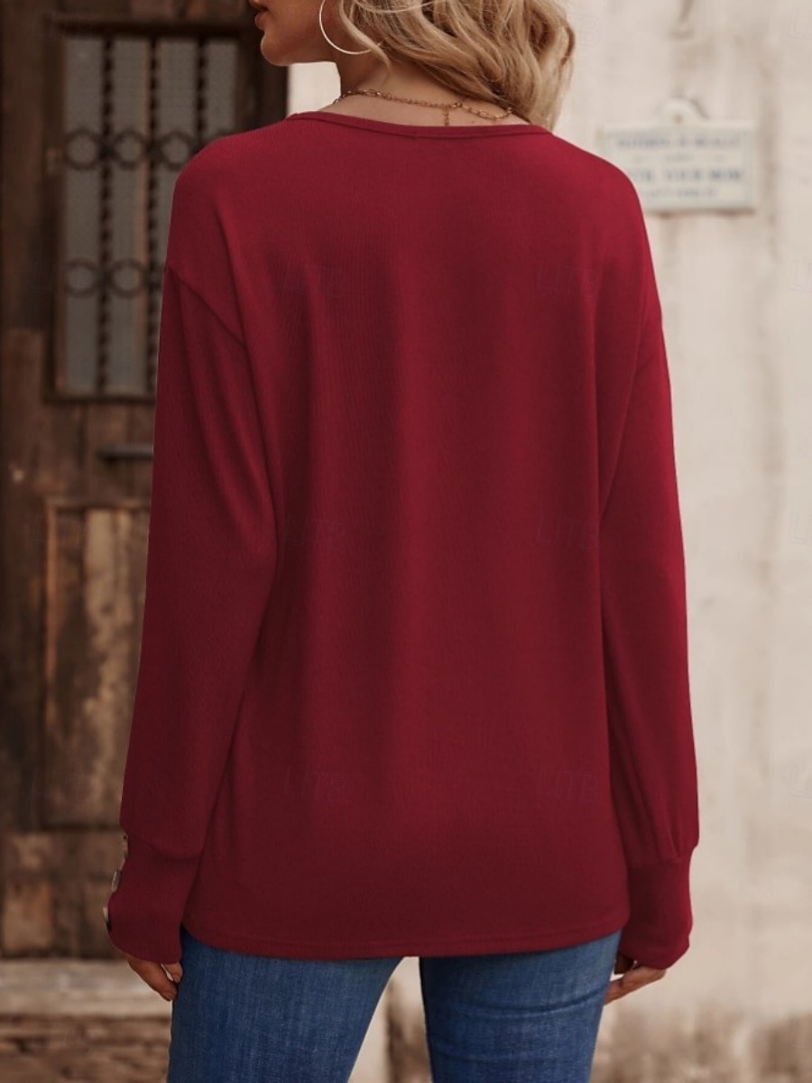 Dame Bluse Helfarge Stilfull Fritid Langermet V-hals Vanlige topper Daglig Knapper Svart Hvit Vin Militærgrønn Navyblå Sommer Vår 2025 - $18.99 –P7