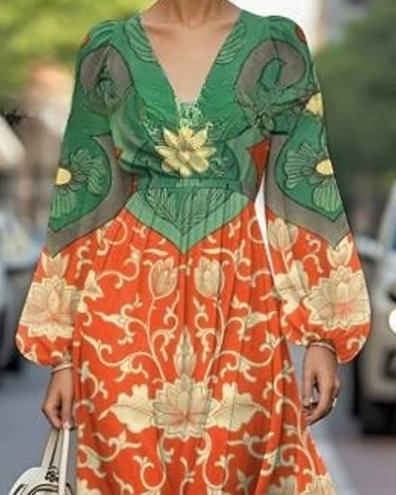 Dam Midiklänning Vardagsklänning Klänning med tryck Elegant Mode Utomhus Fest Helgdag Normal Blomma Långärmad V-hals Orange Sommar Vår 2025 - $27.99 –P2