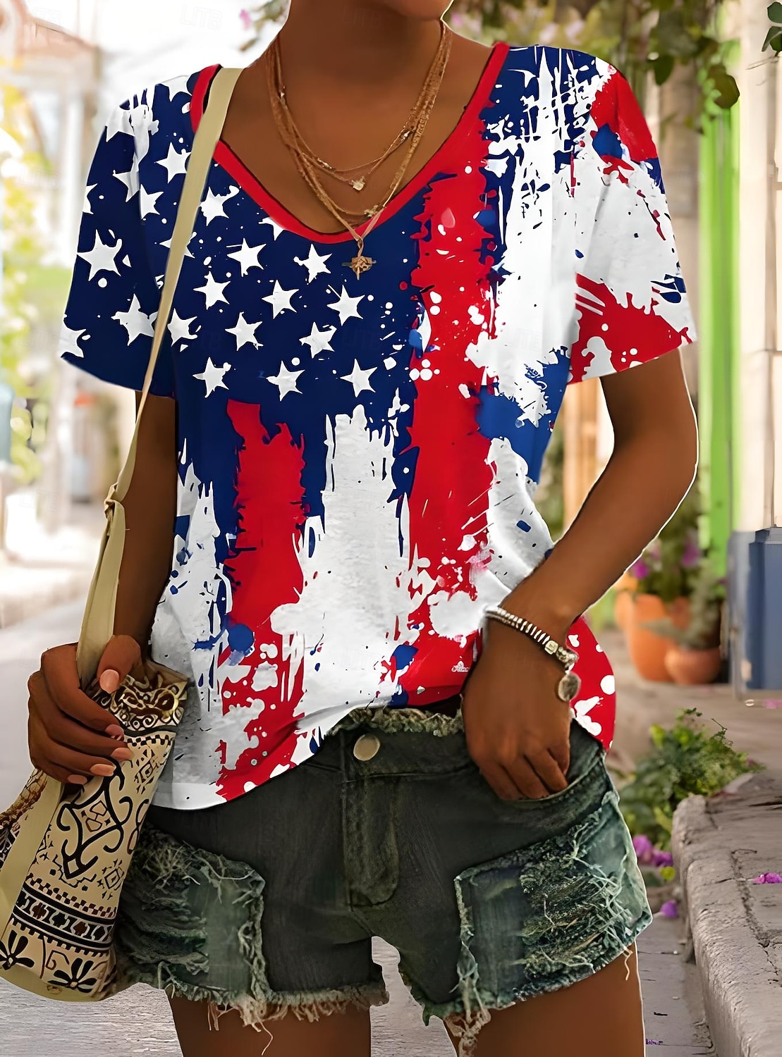 Independence Day Patriotic Women's T Shirt Graphic Plants Flag Vintage Stylish Classic Short Sleeve V Neck Regular Tops Daily Weekend Print Black White Red Light Brown Blue 2026 - $21.99 –P6