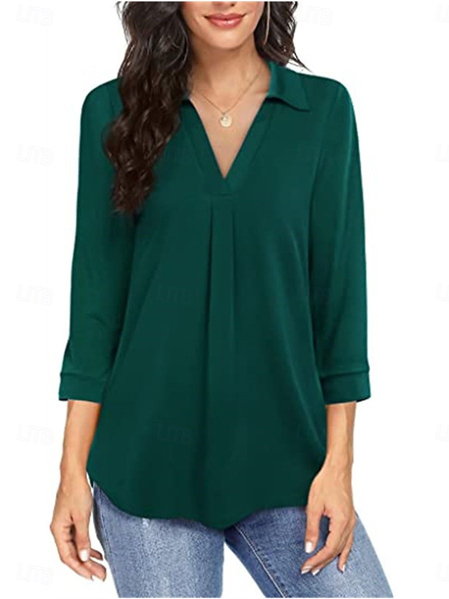 Damen Hemd Einfarbig Elegant Stilvoll Basic Dreiviertelarm V Ausschnitt Normale Oberteile Täglich Schwarz Wein Blau Grün Frühling Herbst 2025 - $17.99 –P6