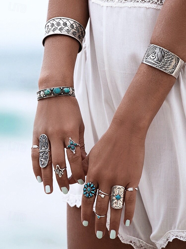 Women's Boho Vintage Turquoise Ring Set – 9-Piece Antique Silver Adjustable Midi Rings for Gypsy Festival, Beachwear and Casual Styling 2025 - $11.99 –P1