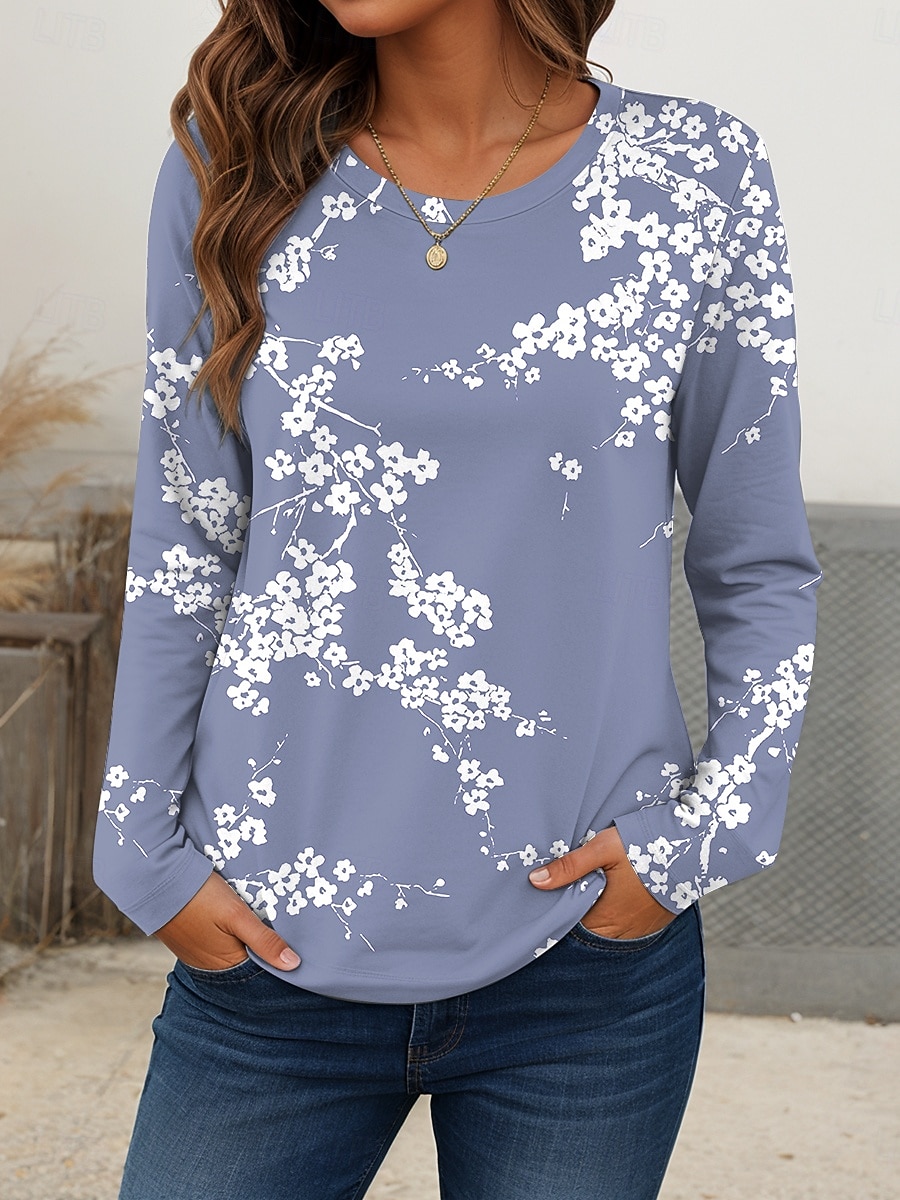 Dame T skjorte Blomstret Grafisk Planter Årgang Stilfull Fritid Langermet Crew-hals Vanlige topper Daglig Helg Trykt mønster Blå Dusty Blue Lilla Grønn Sommer 2025 - $22.99 –P3
