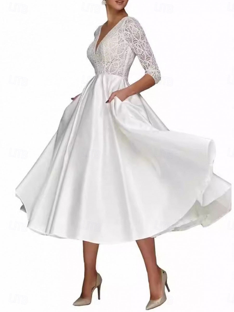 A-Linie Brautmutterkleid Elegant Einfach V Ausschnitt Tee-Länge Polyester Dreiviertelarm mit Einfarbig 2025 2025 - $119.99 –P1